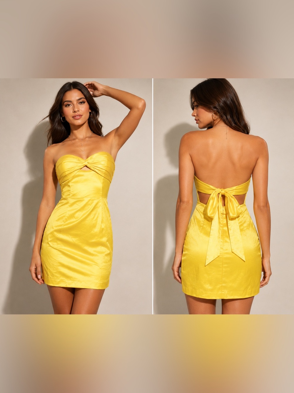 Yellow Satin Strapless Cutout Bow Back Mini Dress Size 0